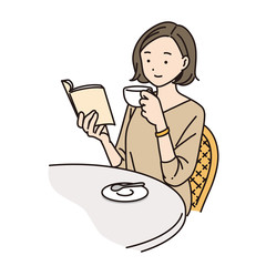 女性　カフェ　休み　読書