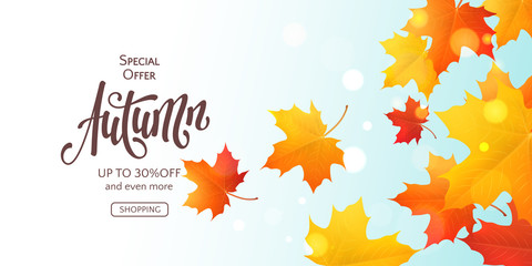 Fall horizontal banner with 3D colored maple leaves and text Autumn. Vector background with realistic falling foliage, inscription and effect bokeh. Seasonal template for flyers with special offers.