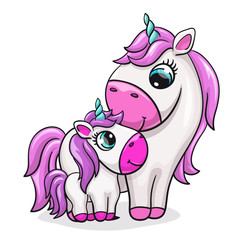 Unicorn baby with mom cute print. Sweet tiny pony family. Cool friends animal