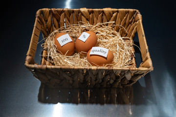 Wooden basket with hay and three eggs with notes "100", "%", "quality" is on the black transparent table/background. World Quality Day.