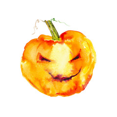 Festive pumpkin smiles on Halloween holiday .Watercolor illustration isolated on white background