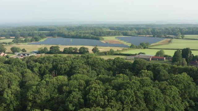 UK countryside solar farm aerial view