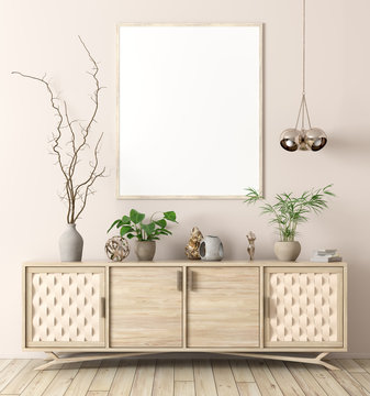 Interior with wooden dresser and poster 3d rendering