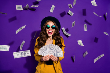 Portrait of her she nice lovely cheerful cheery luxury excited rich wealthy wavy-haired lady winner...