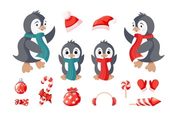 Cute penguins family and items icon set isolated on white background
