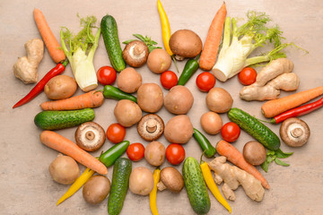 Assortment of fresh vegetables on table
