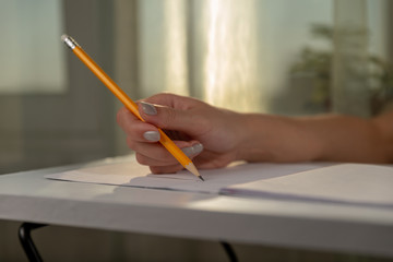 Female hand is keeping yellow pencil and is writing/painting in the notebook in a ruler at the white table. There are window, curtains and green plant on the background. International Students Day.