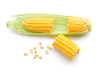 Fresh cut corn cob on white background