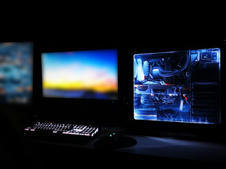 blue battle station rendering gaming pc led case and mechanical keyboard