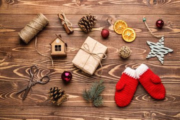 Beautiful Christmas composition on wooden background