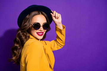 Profile photo of amazing lady wear specs stylish hat yellow costume isolated purple background