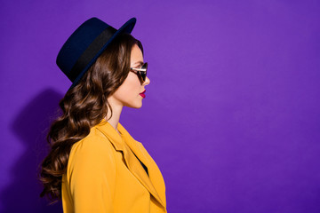 Profile photo of amazing lady look empty space wear stylish hat yellow costume isolated purple...