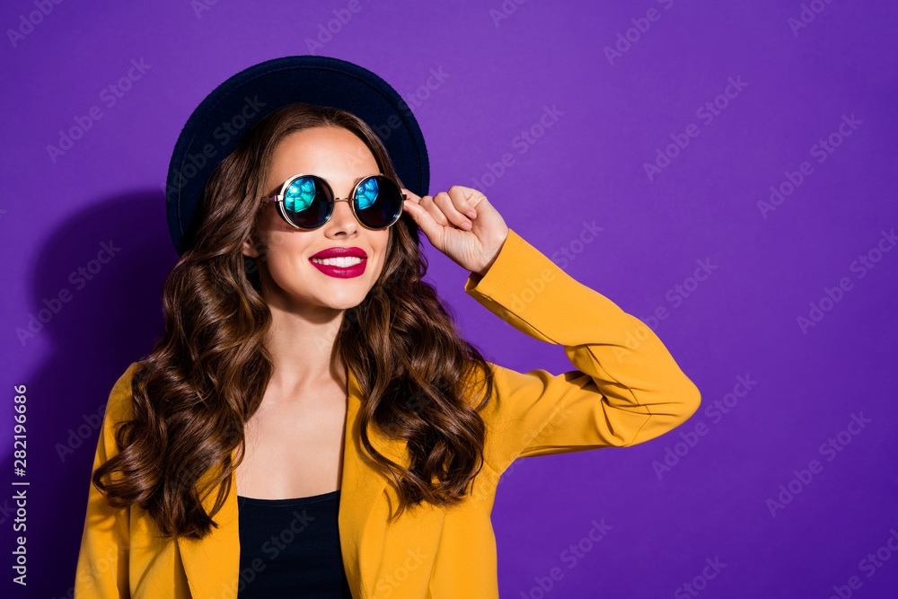 Wall mural closeup photo of amazing lady looking far away wear stylish hat yellow costume isolated purple backg