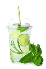 Cup of fresh mojito on white background