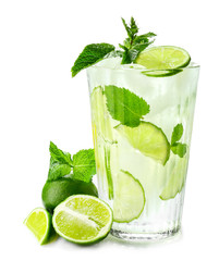 Glass of fresh mojito on white background