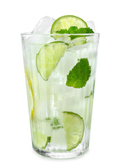 Glass of fresh mojito on white background