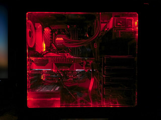 red rgb battle station rendering gaming pc led case and mechanical keyboard