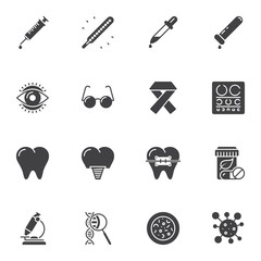 Medical universal vector icons set, modern solid symbol collection, filled style pictogram pack. Signs, logo illustration. Set includes icons as syringe injection, dental implant, molecule, microscope