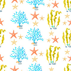 Seaweed and starfish watercolor hand painted seamless pattern.