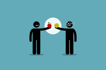 Comparing apple with orange. Vector artwork of two different man holding an apple and orange, and start to compare them to each other. Concept of difference, incomparable, impractical, and pointless.