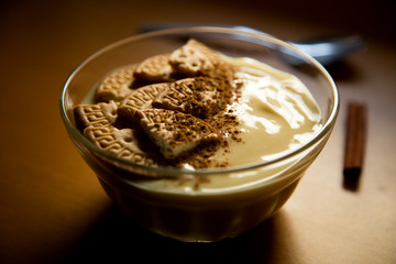 Vanilla pudding with biscuits and cinnamon
