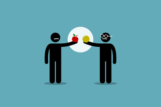 Comparing apple with orange. Vector artwork of two different man holding an apple and orange, and start to compare them to each other. Concept of difference, incomparable, impractical, and pointless.