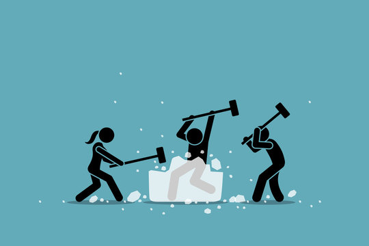 Ice breaking or icebreaker activity, game and event. Vector artwork of a group of people using sledgehammer to break a large ice. Concept of knowing each member and warm up for participants meeting.