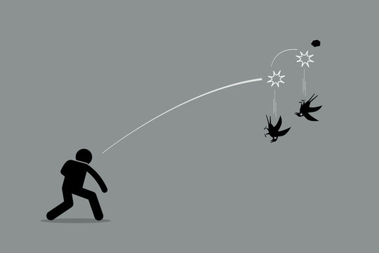 Killing two birds with one stone. Vector artwork depicts a man throwing a rock at two birds and killing both of them at once. Concept of efficiency, productivity, skillful, and good strategy.