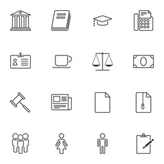 Auction universal line icons set. linear style symbols collection, outline signs pack. vector graphics. Set includes icons as courthouse building, judge gavel, scales, mallet hammer, money, newspaper