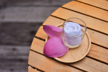 Cool cloth with glass and lotus leaf, looking and feeling comfortable