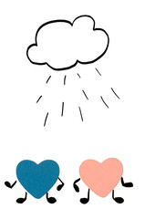 Two wooden hearts with painted arms and legs on a white background under a painted cloud with rain. Disorder in relationship.