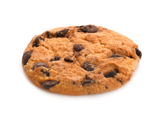 Tasty cookie with chocolate chips on white background