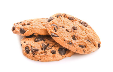 Tasty cookies with chocolate chips on white background