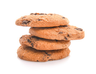 Tasty cookies with chocolate chips on white background