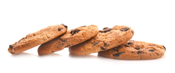 Tasty cookies with chocolate chips on white background