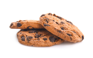 Tasty cookies with chocolate chips on white background
