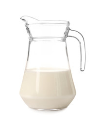 Jug of fresh milk on white background
