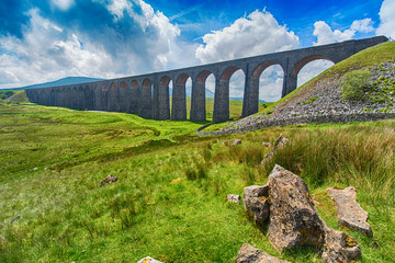 View of large Victorian viaduct in rural countryside scenery