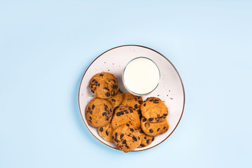 Plate with tasty cookies and glass of milk on color background