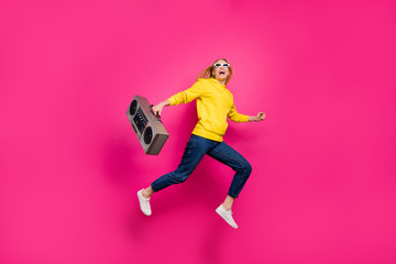 Fototapeta na wymiar Full size photo of cool lady jumping high arranging weekend meeting wear casual outfit isolated pink background