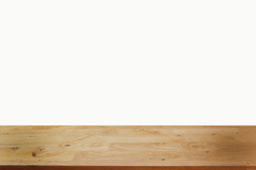 Empty wooden table on white background.