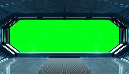 Dark blue spaceship futuristic interior mockup with window 3d rendering © sdecoret