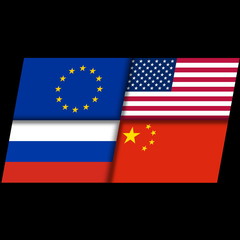 Naklejka premium Four flags countries - the United States, Russia, China and the United Europe. 3D illustration