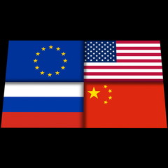 Four flags countries - the United States, Russia, China and the United Europe. 3D illustration