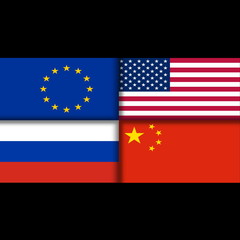 Four flags countries - the United States, Russia, China and the United Europe. 3D illustration