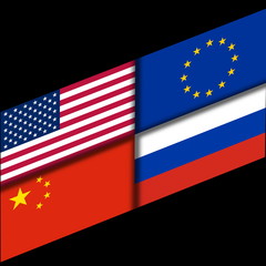 Four flags countries - the United States, Russia, China and the United Europe. 3D illustration