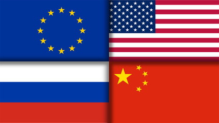 Four flags countries - the United States, Russia, China and the United Europe. 3D illustration