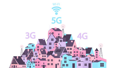 Obraz premium Flat vector illustration background with mobile smart city and Wifi signal 3G, 4G, 5G. Editable vector illustration