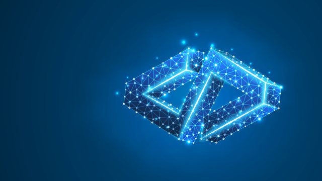 HTML code Bracket model. Coding technology, software programming concept. Abstract, digital, wireframe, low poly mesh, vector polygonal blue neon 3d illustration. Triangle, line, dot