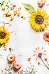 Late summer or autumn background with sunflowers, apples and other garden flowers on white desk....